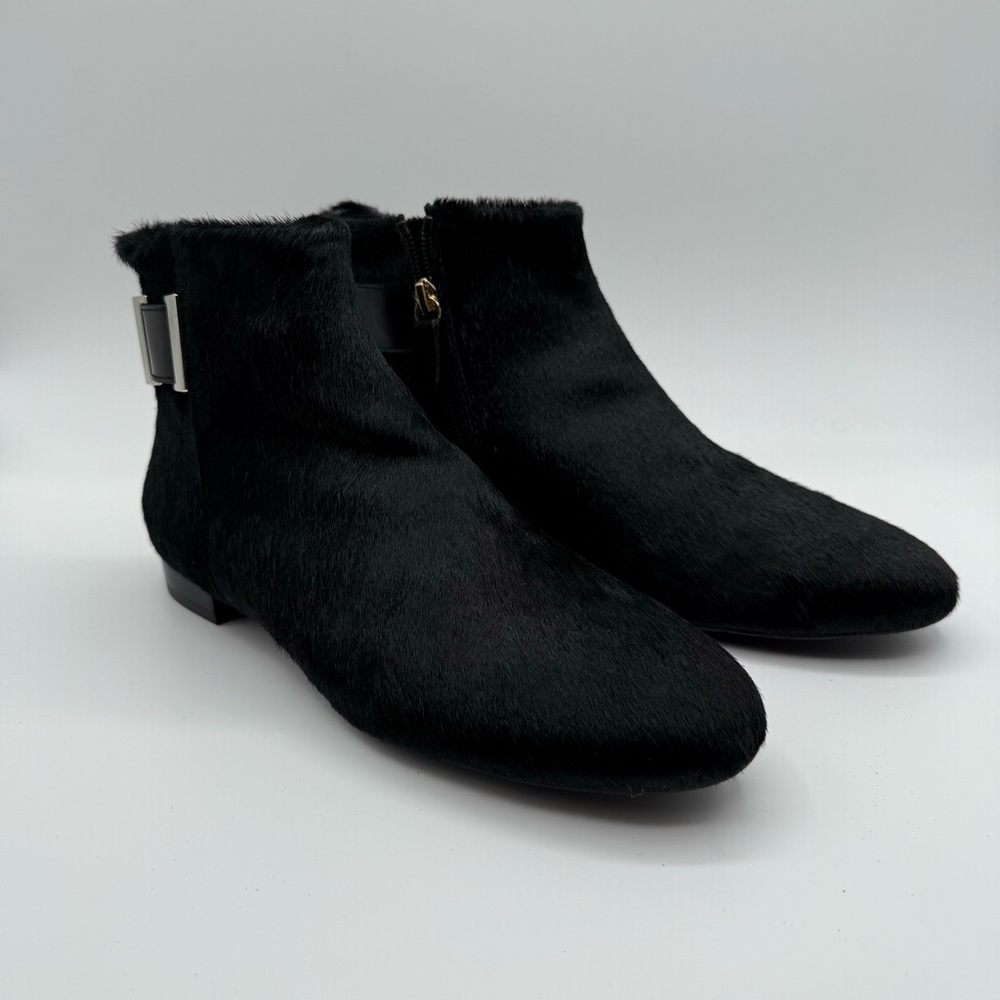 Delman Black Marie Leather Calf Hair Buckle Ankle Boots 9.5